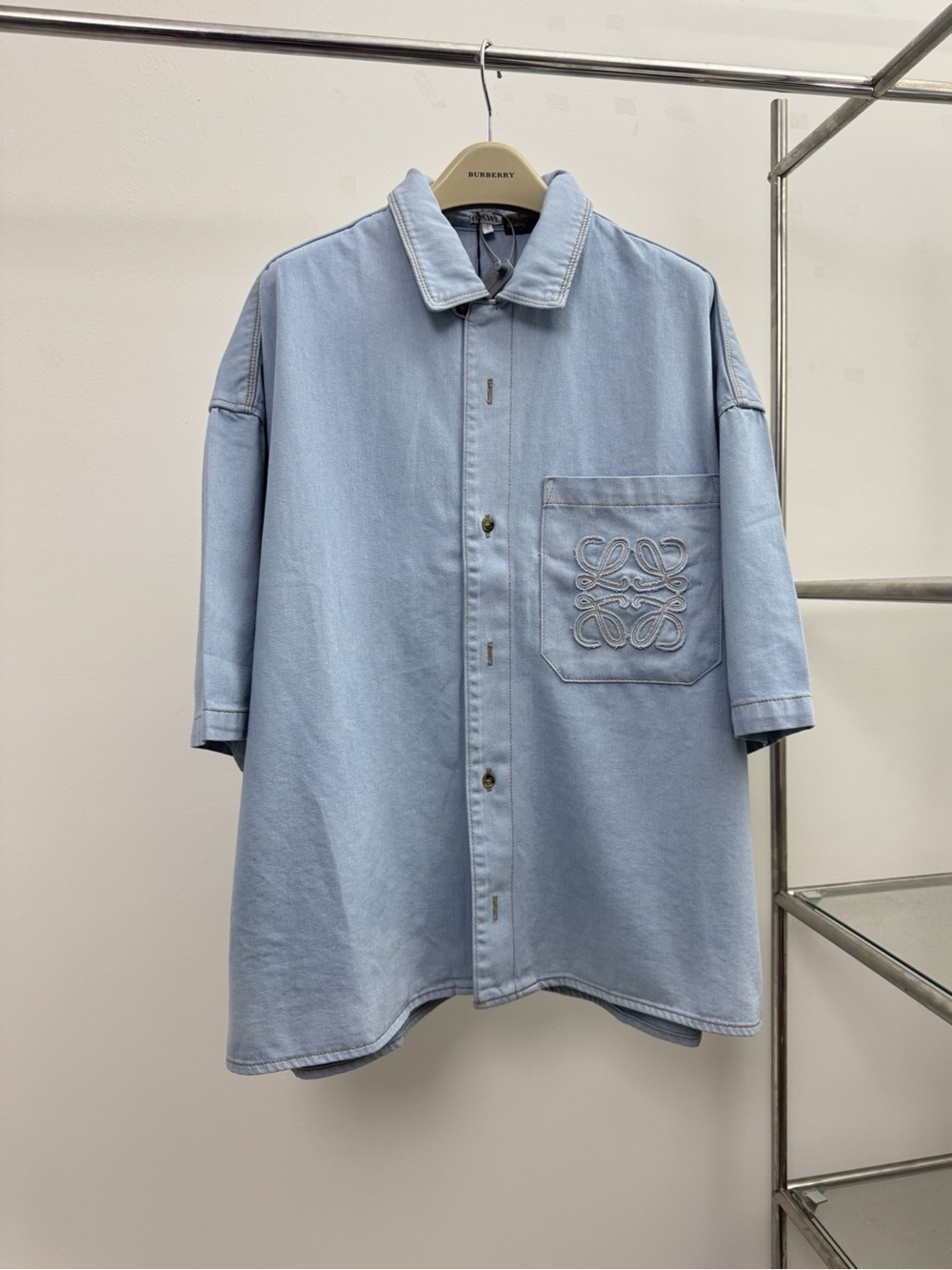 Loewe Light Blue Short-Sleeve Denim Button-Down with Embroidered Chest Pocket